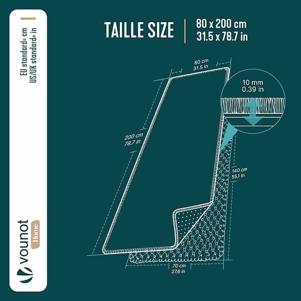 VOUNOT - Tapis de salon poils ras doux antiderapant 80x200cm uni crème - large