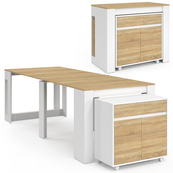 ID MARKET - Table buffet extensible ORLANDO 10 personnes 235 cm bois blanc et façon hêtre - large
