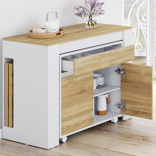 ID MARKET - Table buffet extensible ORLANDO 10 personnes 235 cm bois blanc et façon hêtre - large
