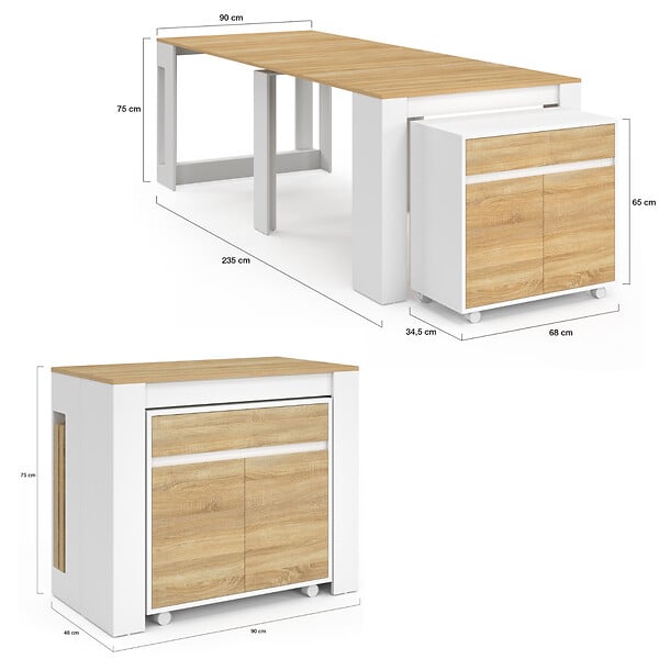 ID MARKET - Table buffet extensible ORLANDO 10 personnes 235 cm bois blanc et façon hêtre - large