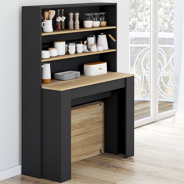 ID MARKET - Table buffet haut extensible ORLANDO 8 personnes bois et noir 235 cm - large