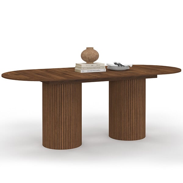 ID MARKET - Table à manger extensible ovale JULIETTE  6-10 personnes pieds cylindriques lattes tasseau bois coloris noyer 160-200 cm - large