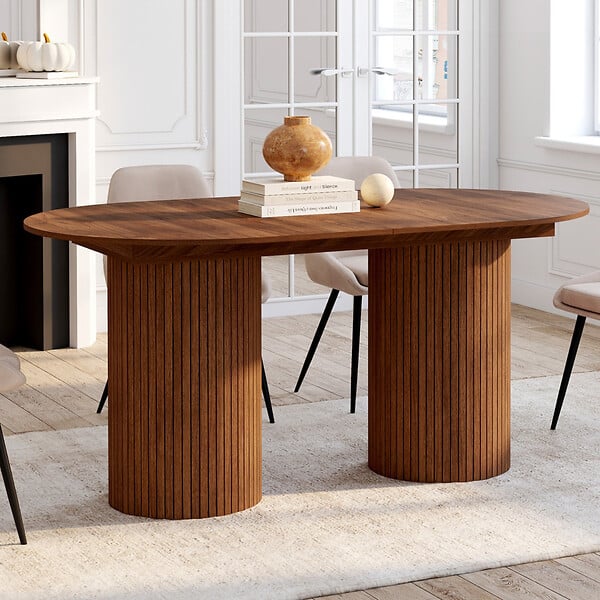 ID MARKET - Table à manger extensible ovale JULIETTE  6-10 personnes pieds cylindriques lattes tasseau bois coloris noyer 160-200 cm - large