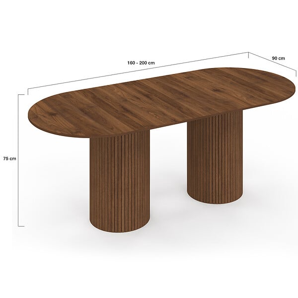 ID MARKET - Table à manger extensible ovale JULIETTE  6-10 personnes pieds cylindriques lattes tasseau bois coloris noyer 160-200 cm - large