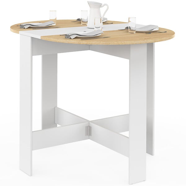 ID MARKET - Table console pliable ronde EDI 2-4 personnes bois blanc plateau façon hêtre 103 x 76 cm - large