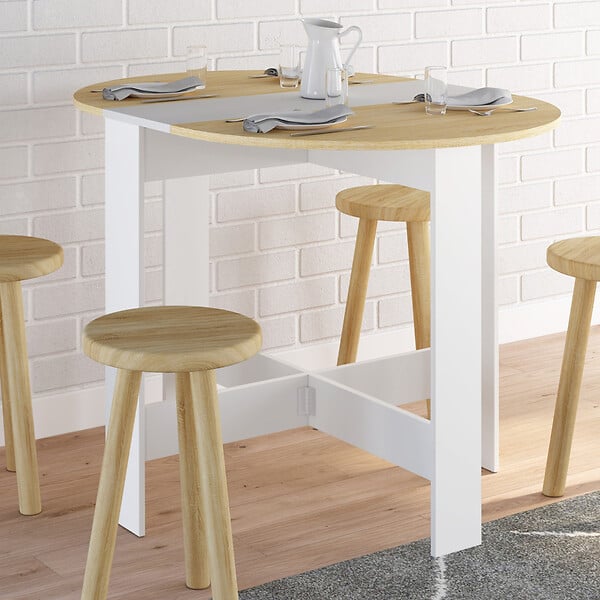 ID MARKET - Table console pliable ronde EDI 2-4 personnes bois blanc plateau façon hêtre 103 x 76 cm - large
