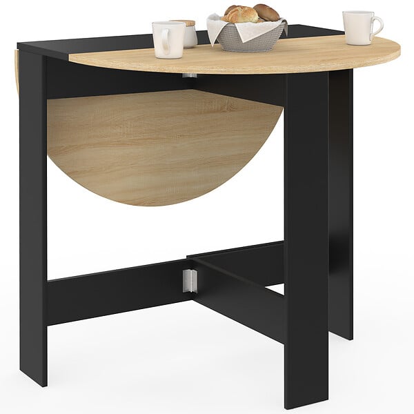 ID MARKET - Table console pliable ronde EDI 2-4 personnes bois noir plateau façon hêtre 103 x 76 cm - large