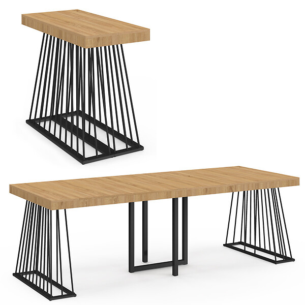 ID MARKET - Table console extensible YUNA 10 personnes 235 cm plateau bois et pied filaire en métal noir - large