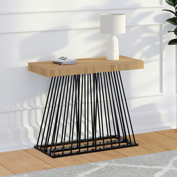 ID MARKET - Table console extensible YUNA 10 personnes 235 cm plateau bois et pied filaire en métal noir - large
