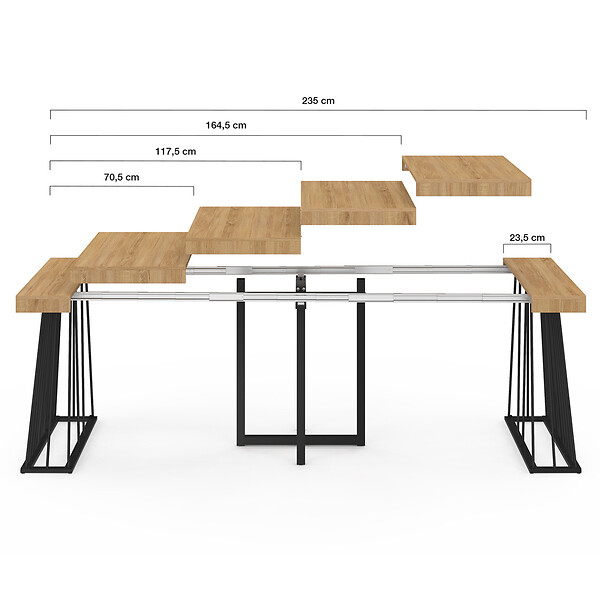 ID MARKET - Table console extensible YUNA 10 personnes 235 cm plateau bois et pied filaire en métal noir - large
