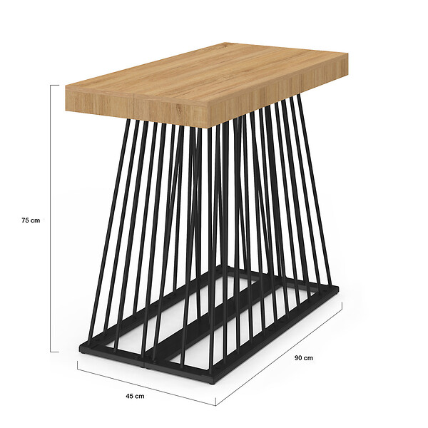 ID MARKET - Table console extensible YUNA 10 personnes 235 cm plateau bois et pied filaire en métal noir - large