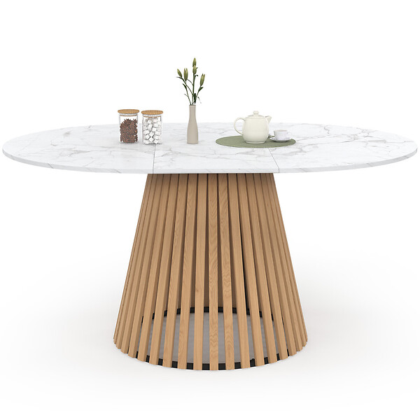 ID MARKET - Table à manger extensible ronde CARMEN 4-8 personnes pied bois en lattes et plateau marbre blanc ALASKA 110 - 150 cm - large