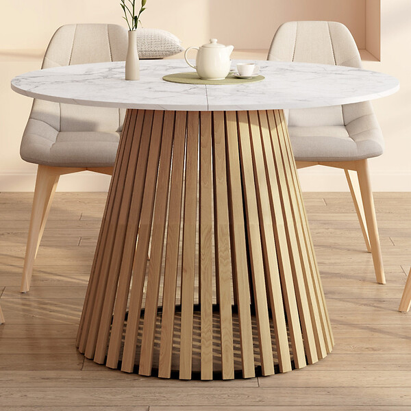 ID MARKET - Table à manger extensible ronde CARMEN 4-8 personnes pied bois en lattes et plateau marbre blanc ALASKA 110 - 150 cm - large