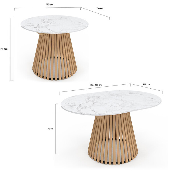 ID MARKET - Table à manger extensible ronde CARMEN 4-8 personnes pied bois en lattes et plateau marbre blanc ALASKA 110 - 150 cm - large