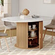 ID MARKET - Table à manger extensible ronde JULIETTE 4-8 personnes pied lattes avec rangement et plateau effet marbre blanc 110-150 cm - vignette