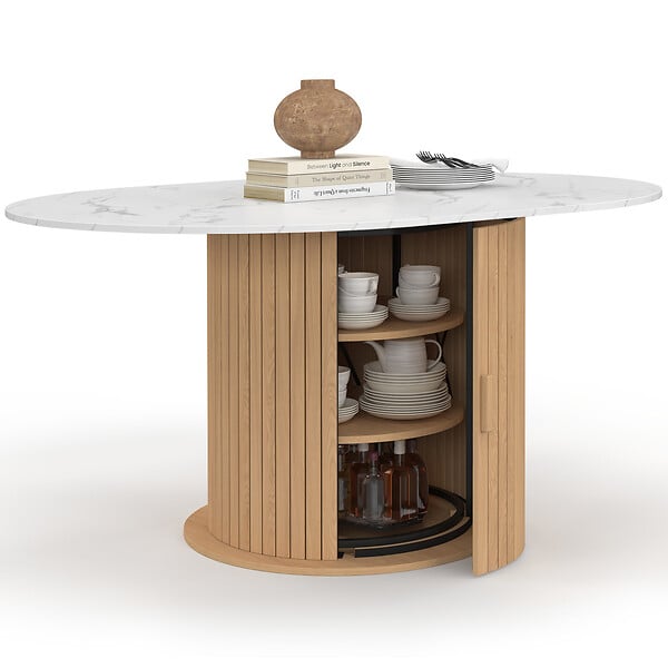 ID MARKET - Table à manger extensible ronde JULIETTE 4-8 personnes pied lattes avec rangement et plateau effet marbre blanc 110-150 cm - large