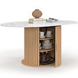 ID MARKET - Table à manger extensible ronde JULIETTE 4-8 personnes pied lattes avec rangement et plateau effet marbre blanc 110-150 cm - vignette