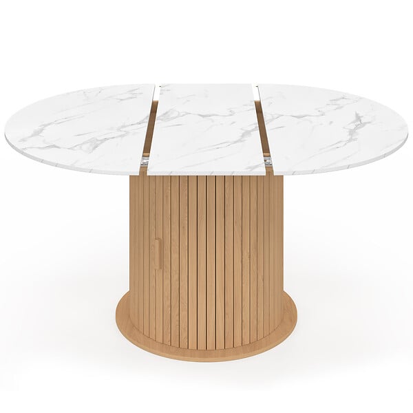 ID MARKET - Table à manger extensible ronde JULIETTE 4-8 personnes pied lattes avec rangement et plateau effet marbre blanc 110-150 cm - large