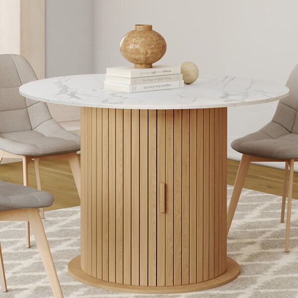 ID MARKET - Table à manger extensible ronde JULIETTE 4-8 personnes pied lattes avec rangement et plateau effet marbre blanc 110-150 cm - large