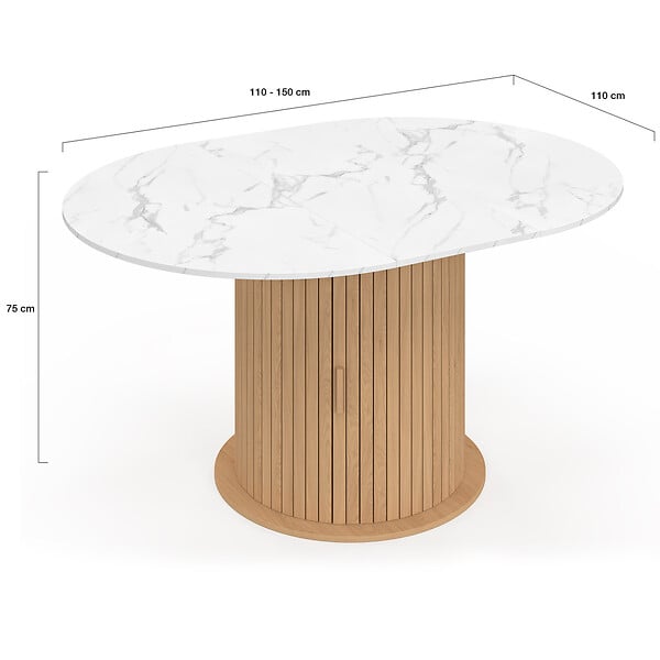 ID MARKET - Table à manger extensible ronde JULIETTE 4-8 personnes pied lattes avec rangement et plateau effet marbre blanc 110-150 cm - large