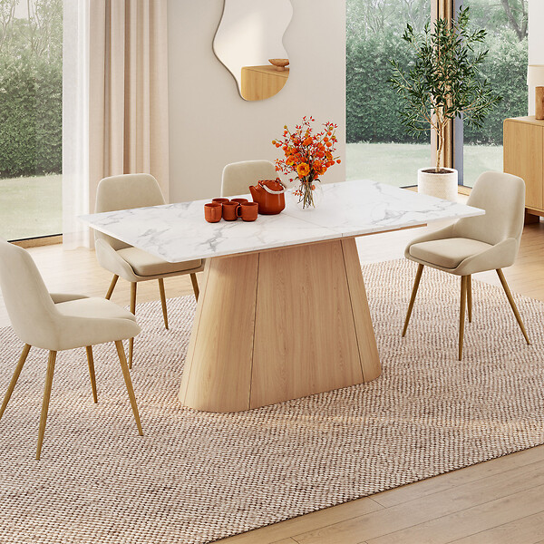 ID MARKET - Table à manger extensible rectangle RHONDA 6-10 personnes plateau marbre blanc ALASKA et bois façon hêtre 160-200 cm - large
