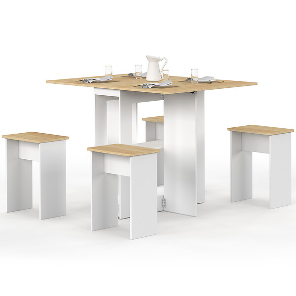 ID MARKET - Ensemble table console pliable EDI 2-4 personnes bois blanc et plateau façon hêtre avec 4 tabourets - large