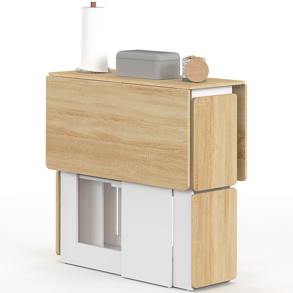 ID MARKET - Ensemble table console pliable EDI 2-4 personnes bois blanc et plateau façon hêtre avec 4 tabourets - large