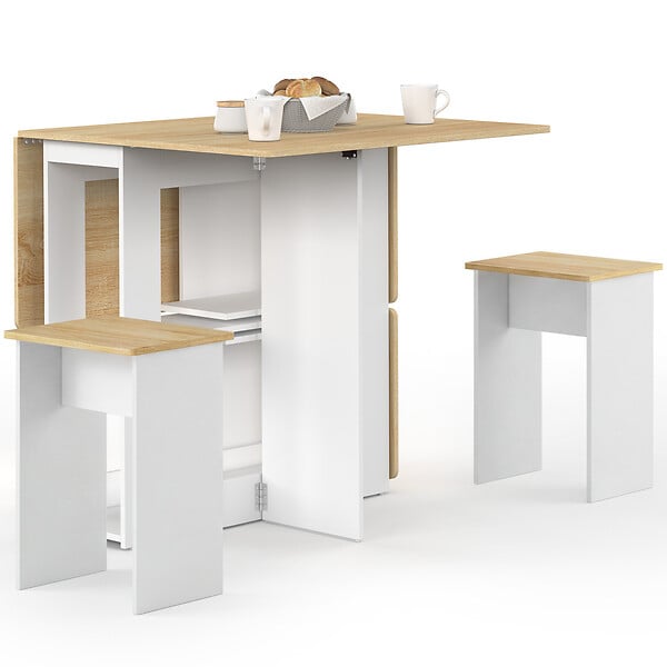 ID MARKET - Ensemble table console pliable EDI 2-4 personnes bois blanc et plateau façon hêtre avec 4 tabourets - large