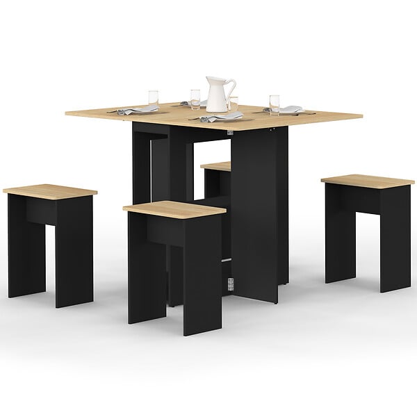 ID MARKET - Ensemble table console pliable EDI 2-4 personnes bois noir et plateau façon hêtre avec 4 tabourets - large