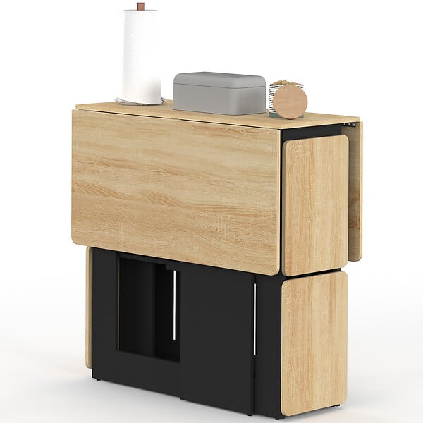 ID MARKET - Ensemble table console pliable EDI 2-4 personnes bois noir et plateau façon hêtre avec 4 tabourets - large