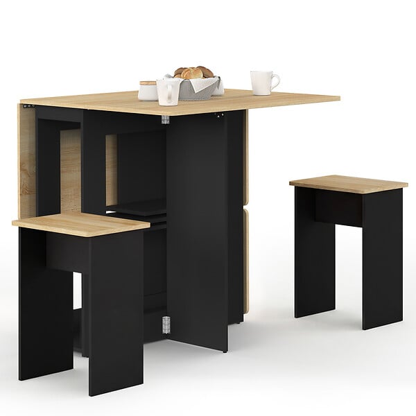 ID MARKET - Ensemble table console pliable EDI 2-4 personnes bois noir et plateau façon hêtre avec 4 tabourets - large
