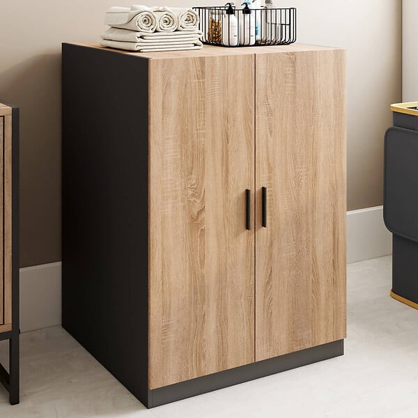 ID MARKET - Meuble pour machine à laver avec portes WALLIS noir et bois façon hêtre - large