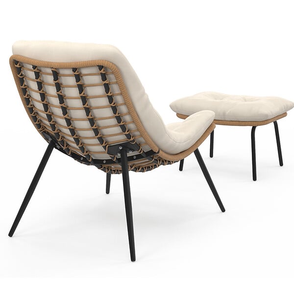 ID MARKET - Lot de 2 fauteuils de jardin relax LOA effet rotin avec coussins écrus et repose-pieds - large