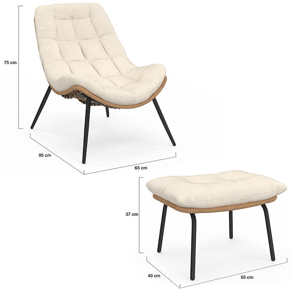 ID MARKET - Lot de 2 fauteuils de jardin relax LOA effet rotin avec coussins écrus et repose-pieds - large