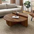 ID MARKET - Lot de 2 tables basses rondes GUILIA 90 cm asymétriques effet noyer - vignette