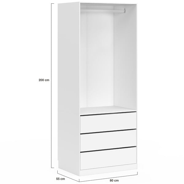 ID MARKET - Dressing TAYLOR 80 x 55 x 200 cm 1 module avec penderie + 3 tiroirs blanc - large