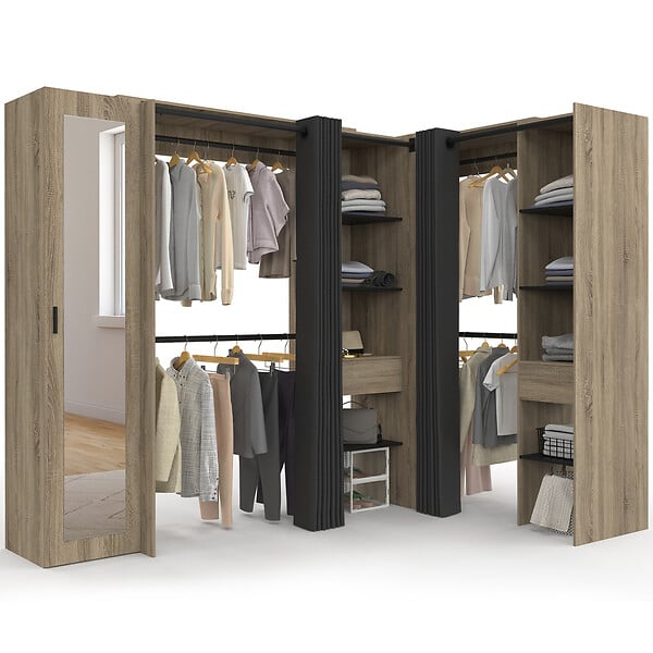 ID MARKET - Dressing extensible d'angle MARLON 230 x 140 x 180 cm cm hêtre avec penderies + étagères + miroir + rideaux noirs - large