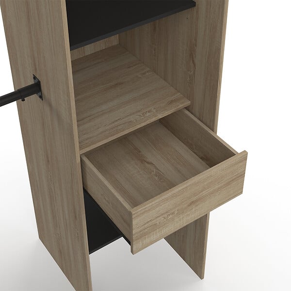 ID MARKET - Dressing extensible d'angle MARLON 230 x 140 x 180 cm cm hêtre avec penderies + étagères + miroir + rideaux noirs - large