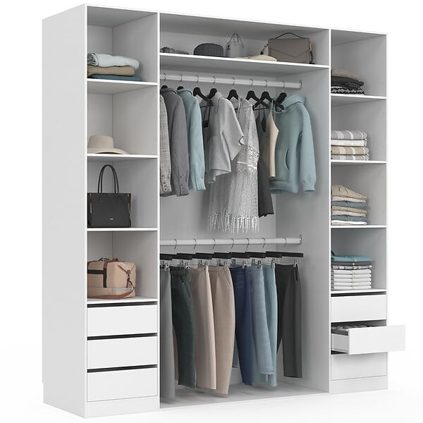 ID MARKET - Dressing double TAYLOR 185 x 55 x 200 cm avec étagères + double penderie + tiroirs blanc - large