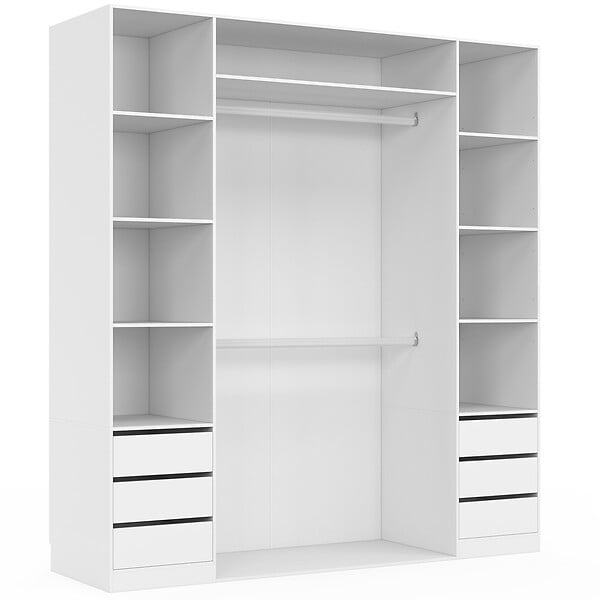 ID MARKET - Dressing double TAYLOR 185 x 55 x 200 cm avec étagères + double penderie + tiroirs blanc - large