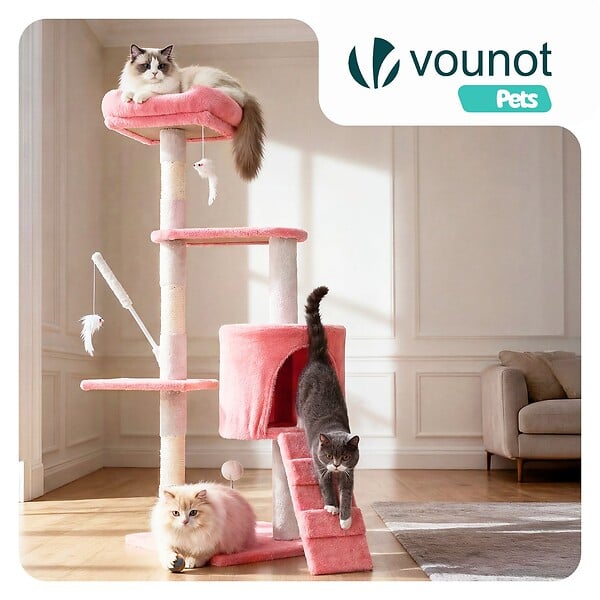 VOUNOT - Arbre a chat 112cm multi niveaux Griffoir et niche Rose - large