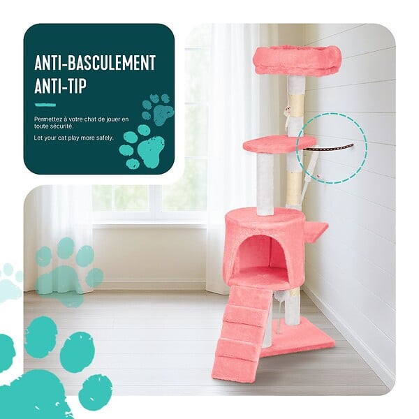 VOUNOT - Arbre a chat 112cm multi niveaux Griffoir et niche Rose - large