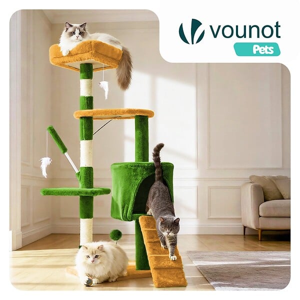 VOUNOT - Arbre a chat 112cm multi niveaux Griffoir et niche Vert Orange - large