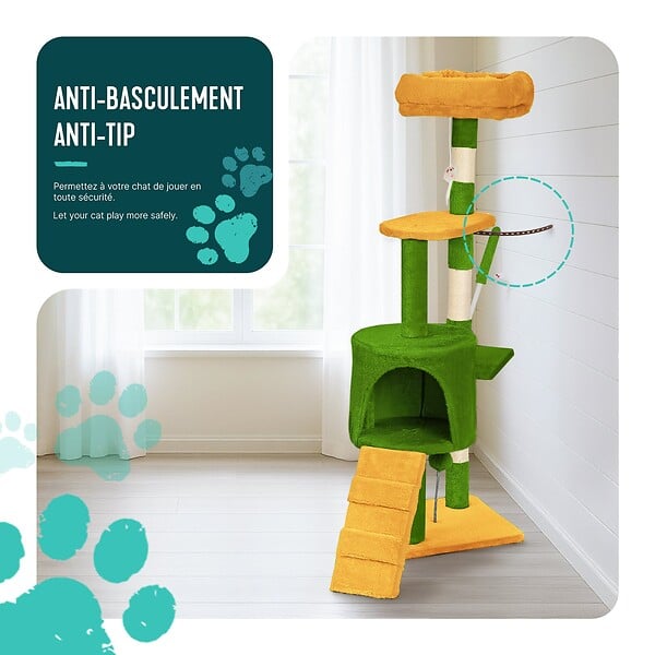 VOUNOT - Arbre a chat 112cm multi niveaux Griffoir et niche Vert Orange - large