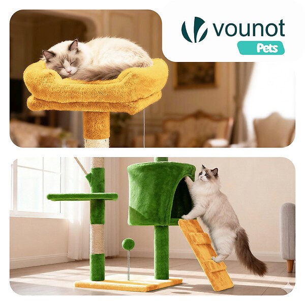 VOUNOT - Arbre a chat 112cm multi niveaux Griffoir et niche Vert Orange - large