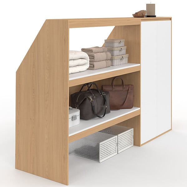 ID MARKET - Ensemble étagère 2 niveaux + armoire 2 portes sous pente TOMI hêtre et blanc - large