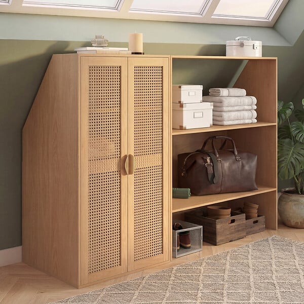 ID MARKET - Armoire sous pente 2 portes EDHEN 60 x 50 x 70/110 cm bois et cannage - large