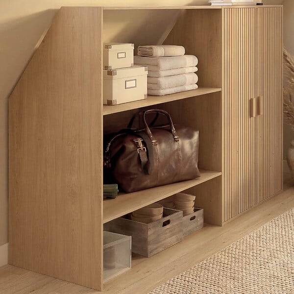 ID MARKET - Armoire sous pente 2 portes JULIETTE  60 x 50 x 70/110 cm effet lattes tasseau bois coloris chêne - large