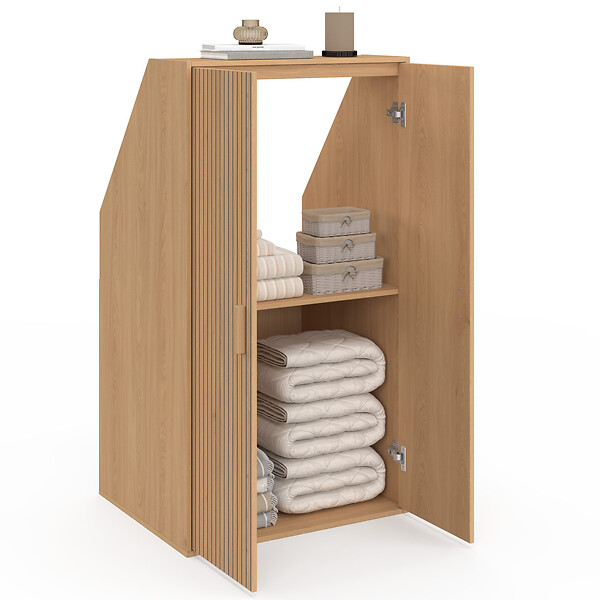 ID MARKET - Armoire sous pente 2 portes JULIETTE  60 x 50 x 70/110 cm effet lattes tasseau bois coloris chêne - large