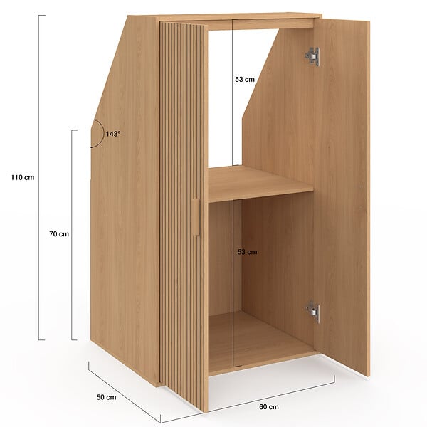 ID MARKET - Armoire sous pente 2 portes JULIETTE  60 x 50 x 70/110 cm effet lattes tasseau bois coloris chêne - large